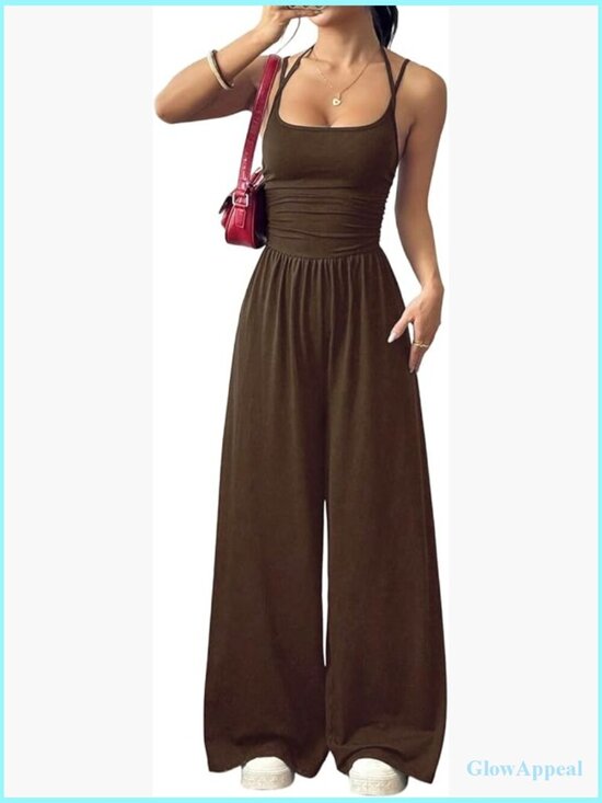 Pants - Wide Leg Jumpsuit Backless Spaghetti Strap Ruched Bodice Stretch One Piece